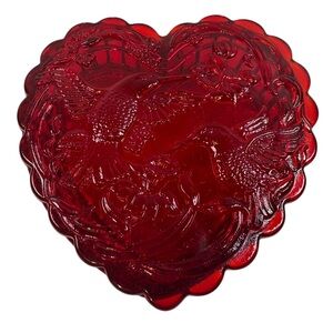 Mosser Glass Ruby Red Valentine Heart Trinket Jewelry Box Hummingbird 4” New
